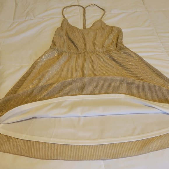 ❣️HP❣️Champagne gold/silver shimmer halter strap flare mini cocktail dress Sz:M - Picture 4 of 6